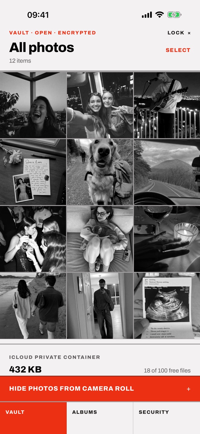 Hideout vault: a grid of private photos behind a passcode